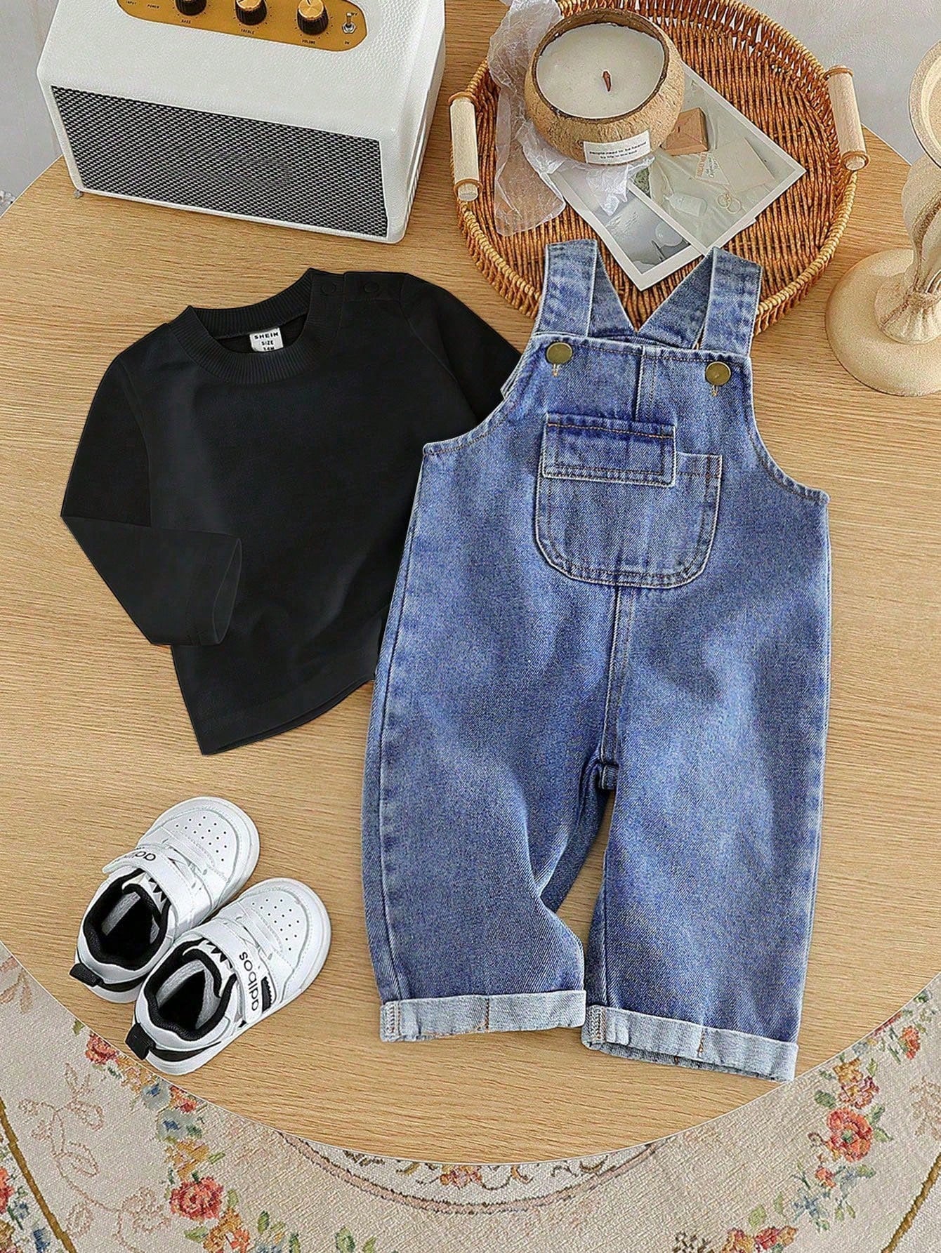 Baby Boy Plain Crew Neck Long Sleeve Top And Overalls 2-Piece Outfit Black 2
