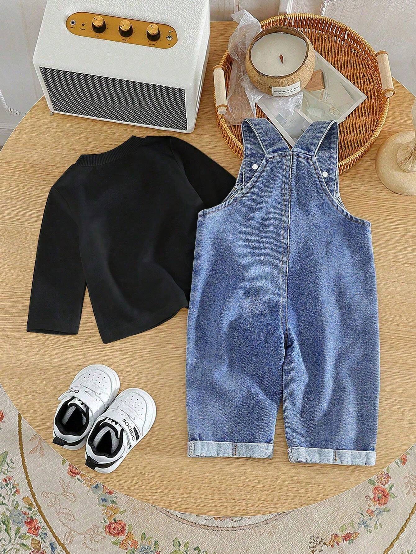 Baby Boy Casual Solid Color Long Sleeve Top And Denim Bib Pants Set