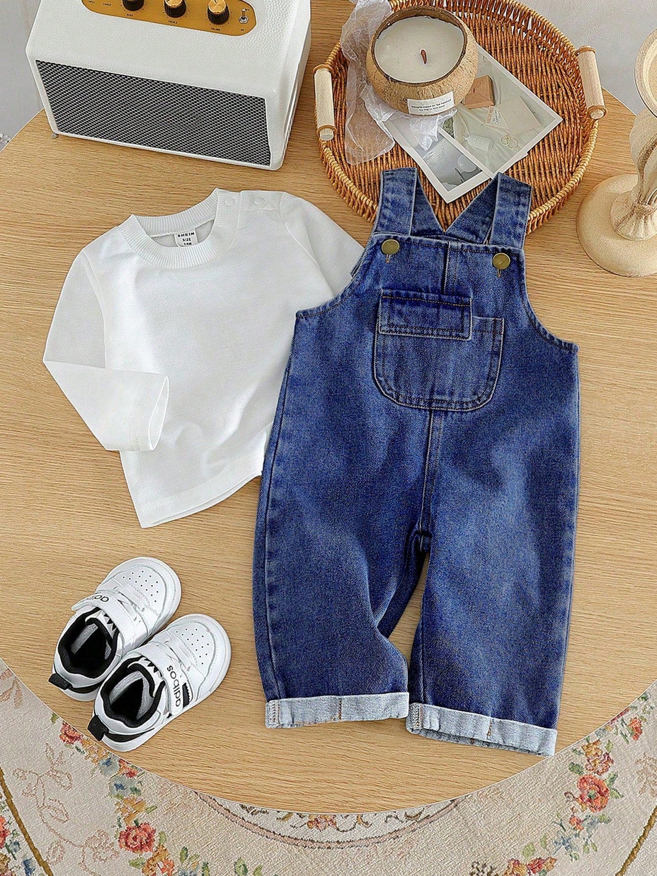 Baby Boy Casual Solid Color Long Sleeve Top And Denim Bib Pants Set Blue
