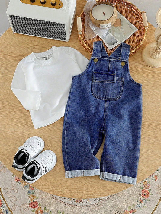 Baby Boy Casual Solid Color Long Sleeve Top And Denim Bib Pants Set Blue
