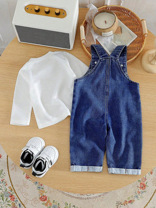 Baby Boy Casual Solid Color Long Sleeve Top And Denim Bib Pants Set