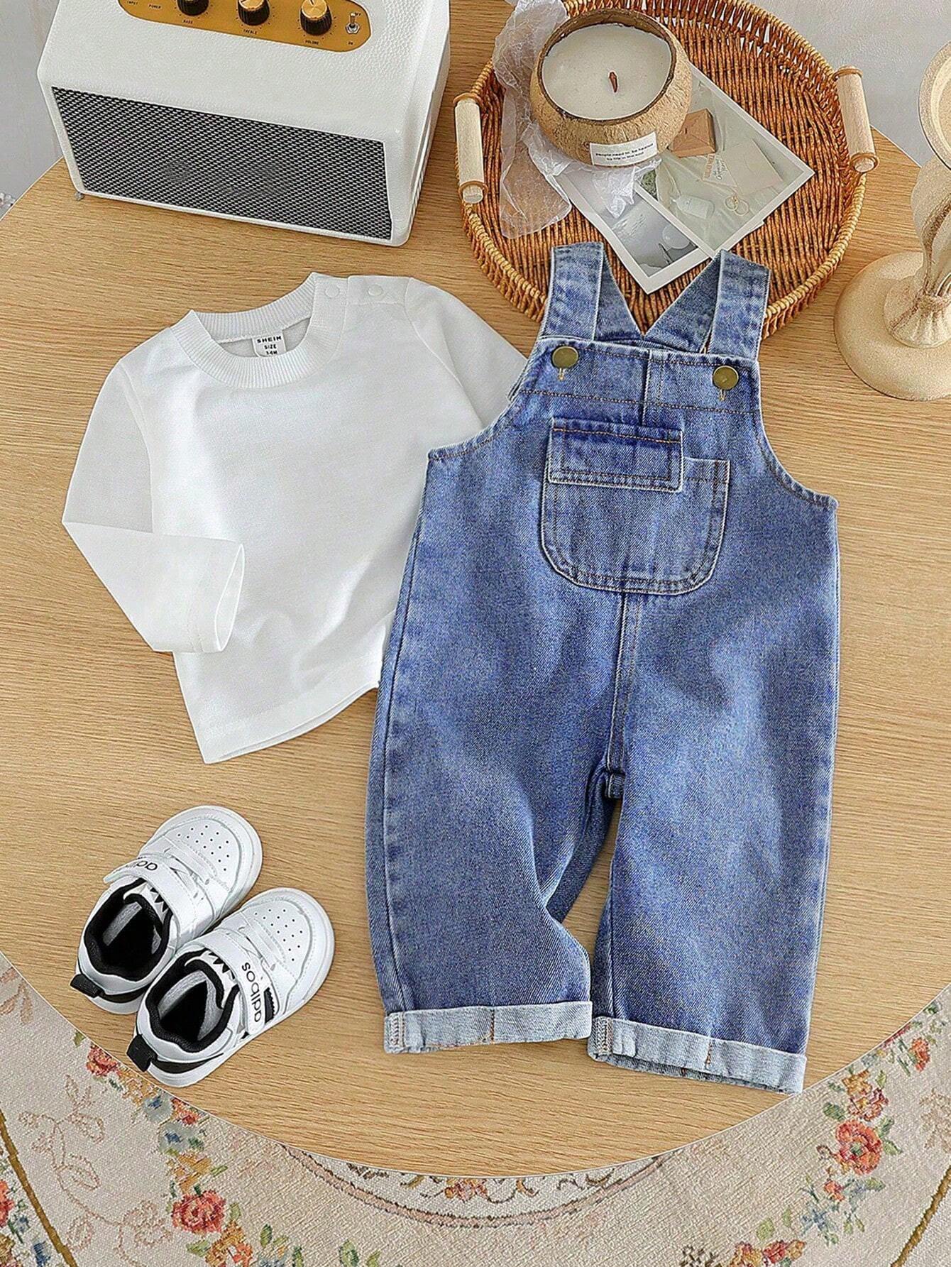 Baby Boy Casual Solid Color Long Sleeve Top And Denim Bib Pants Set Blue 2