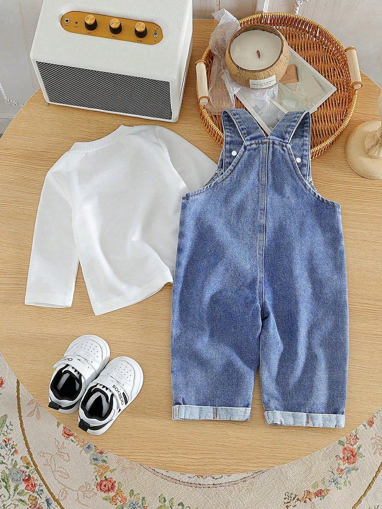 Baby Boy Casual Solid Color Long Sleeve Top And Denim Bib Pants Set