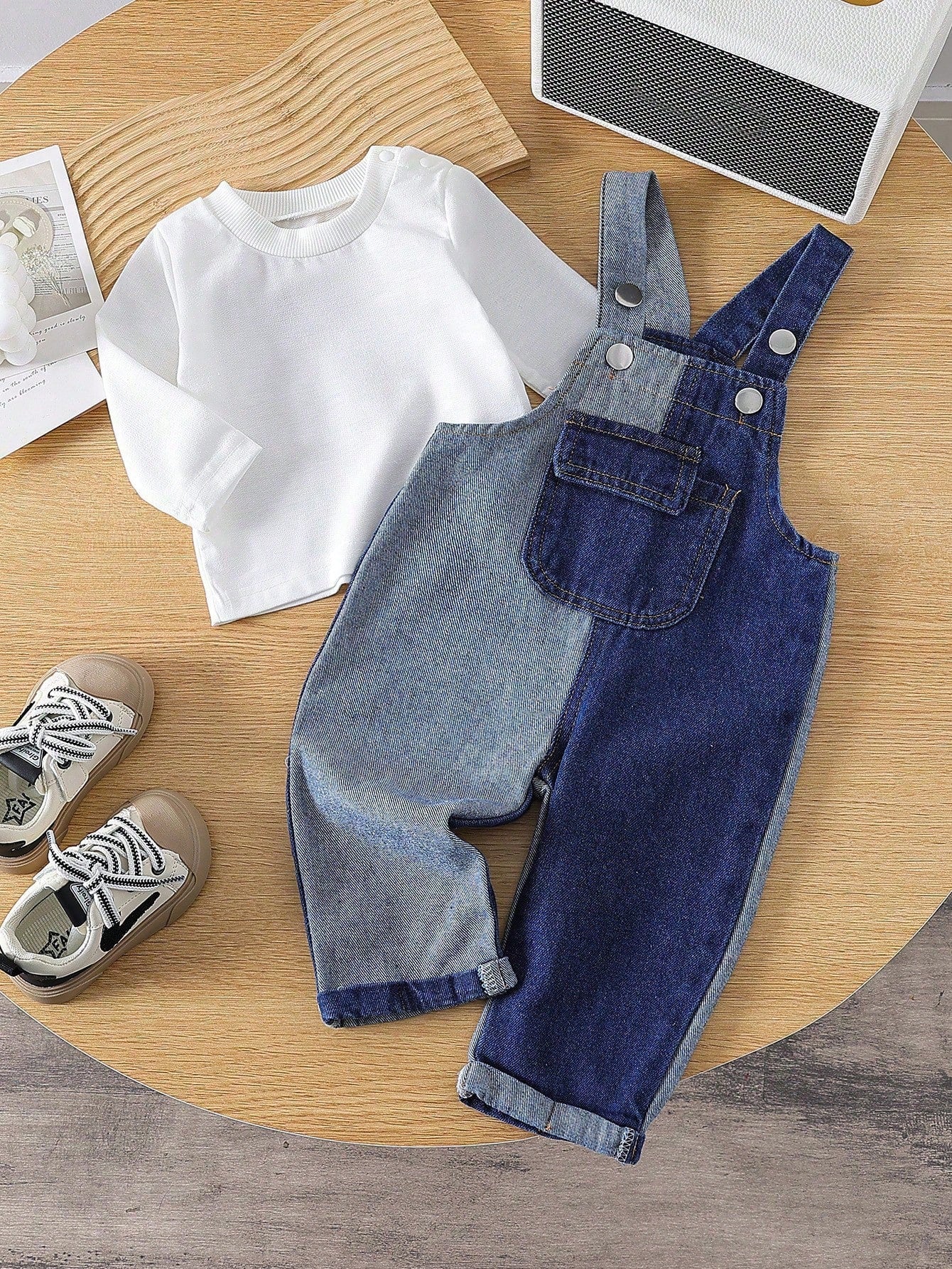 Baby Boy Casual Solid Color Long Sleeve Top And Denim Bib Pants Set Light Wash