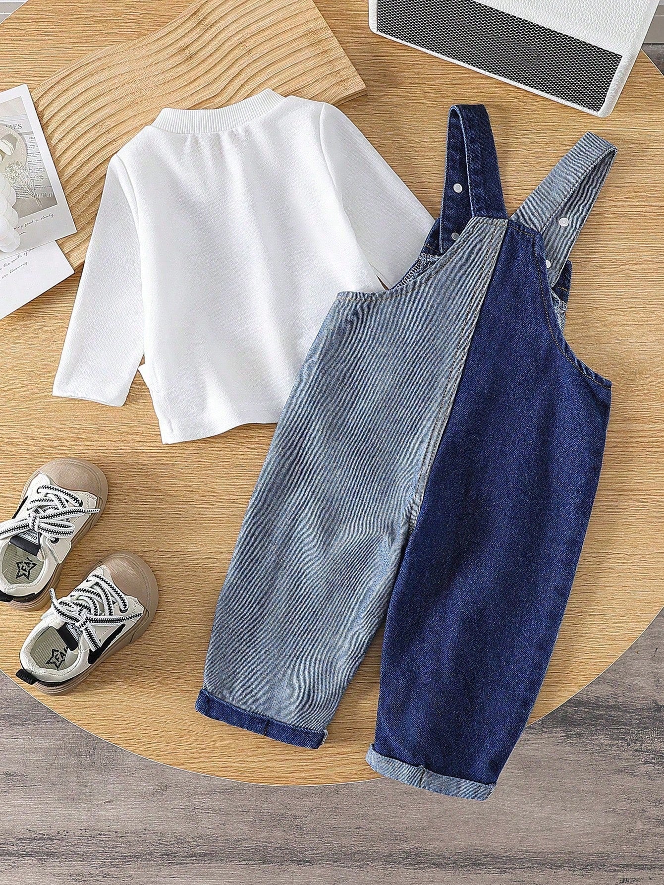 Baby Boy Casual Solid Color Long Sleeve Top And Denim Bib Pants Set