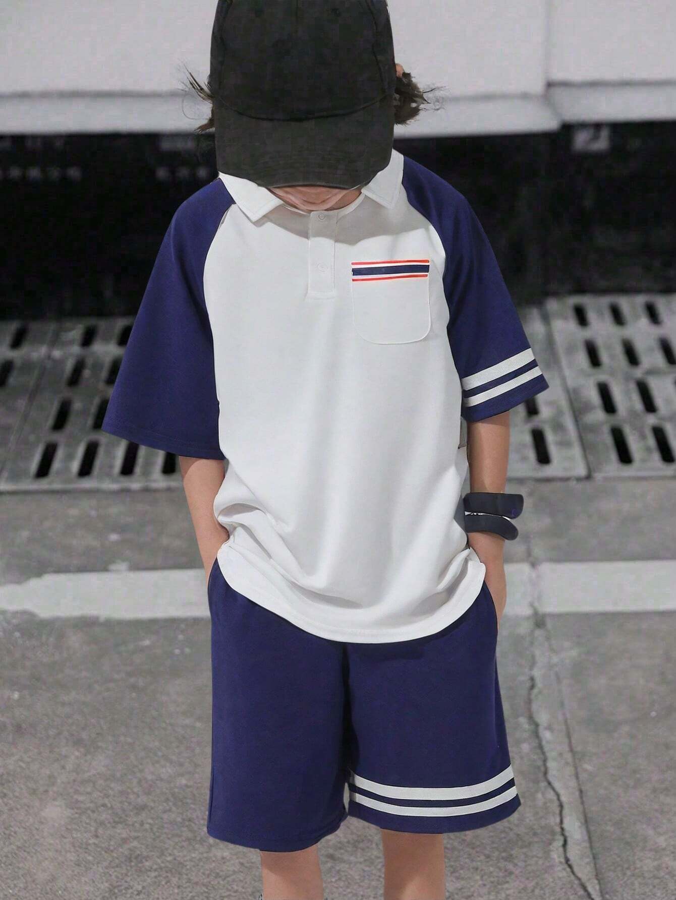 1 Set Tween Boy's Casual College Style Short Sleeve Polo Shirt & Shorts White