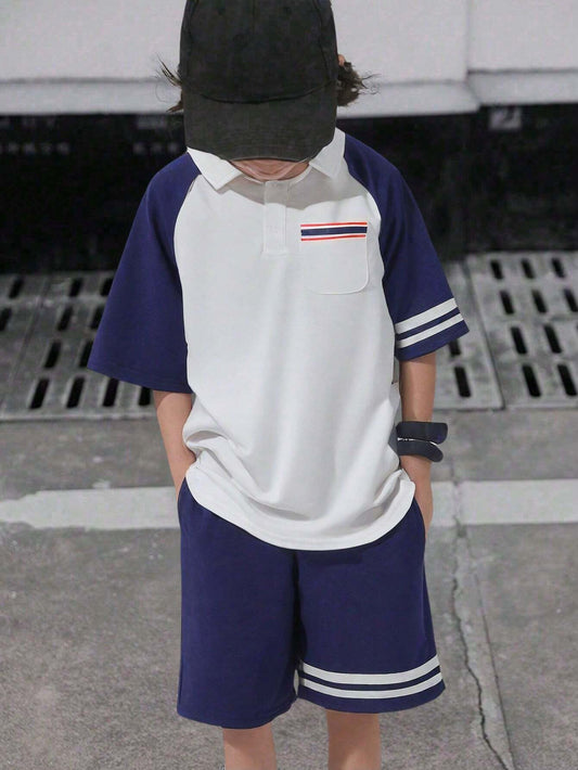1 Set Tween Boy's Casual College Style Short Sleeve Polo Shirt & Shorts White