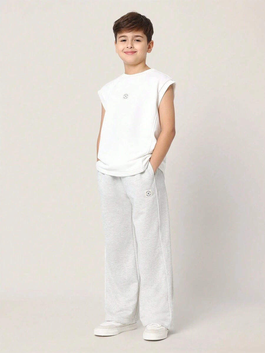 Tween Boys Comfy Regular Fit Tank Top And Contrast Straight Fit Sweatpants White