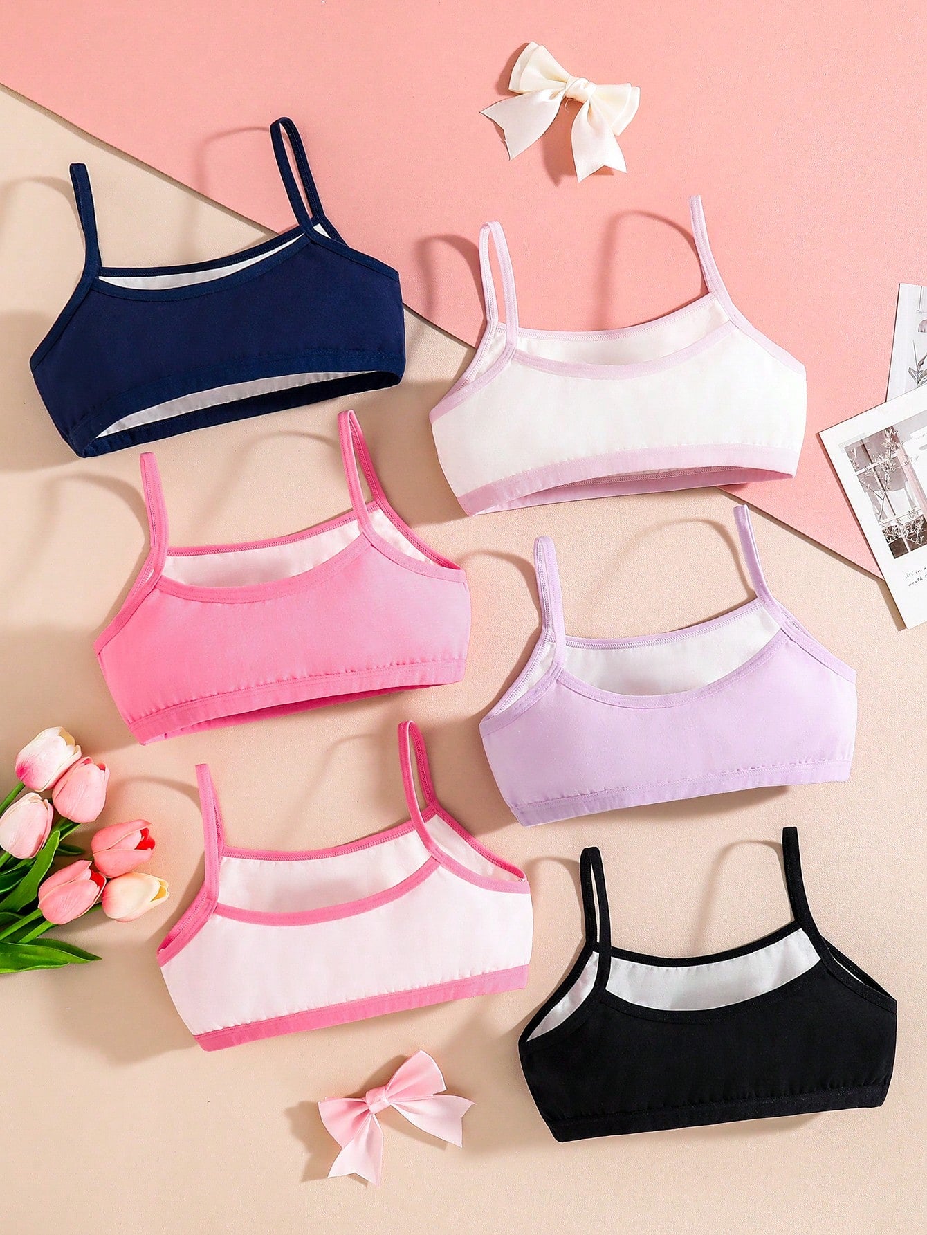 6pcs Set Valentine's Day Girls Minimalist Heart & Bow Print Cotton Camisole