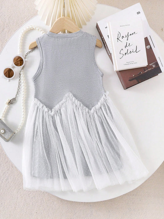 Cute White Bow Decor, Gray Sleeveless Round Neck White Hem Mesh Comfortable & Fashionable Dress