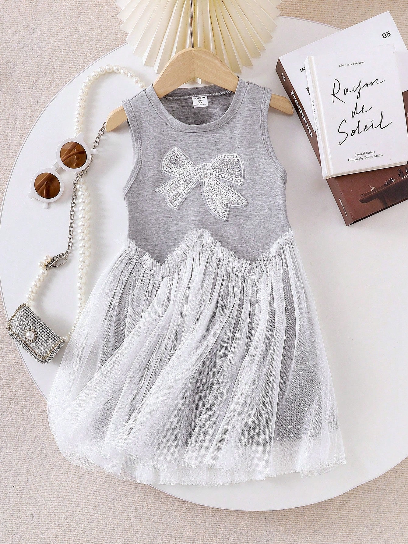 Cute White Bow Decor, Gray Sleeveless Round Neck White Hem Mesh Comfortable & Fashionable Dress Light Grey