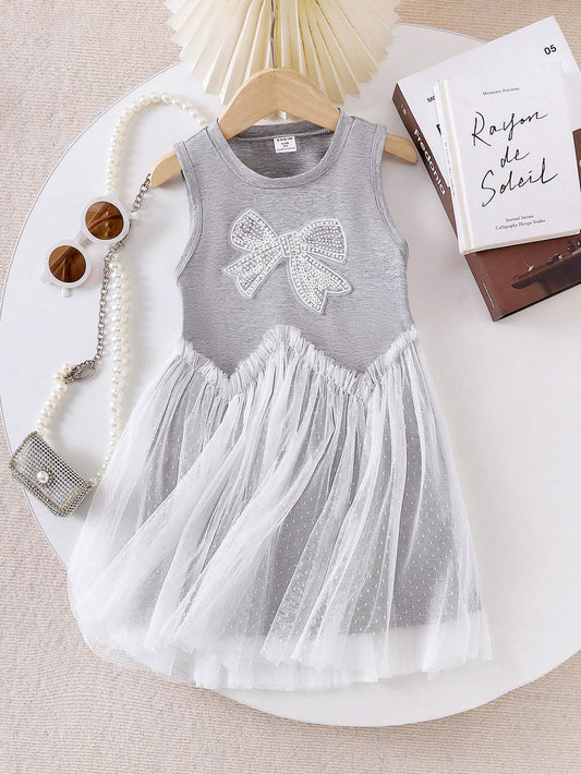 Cute White Bow Decor, Gray Sleeveless Round Neck White Hem Mesh Comfortable & Fashionable Dress Light Grey