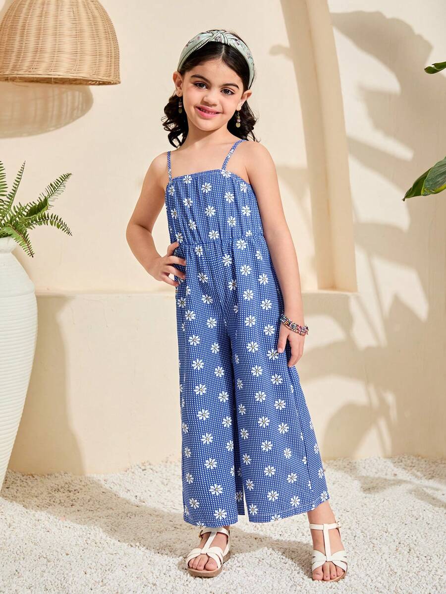 2pcs/Set Young Girl Plaid & Ditsy Floral Cropped Top And Suspender Jumpsuit
