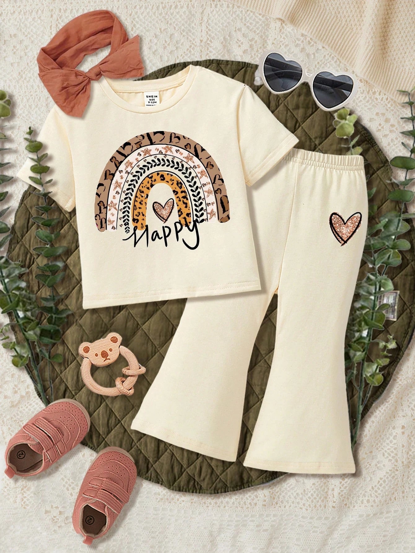 Baby Girls' Casual Simple Flower Print Short Sleeve T-Shirt And Flare Pants Set Beige 2