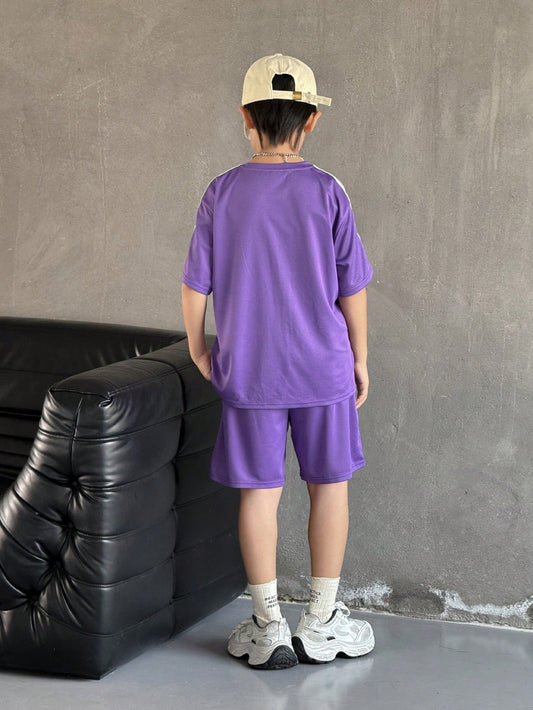 2pcs Tween Boys Casual Striped Short Sleeve T-Shirt And Shorts Set