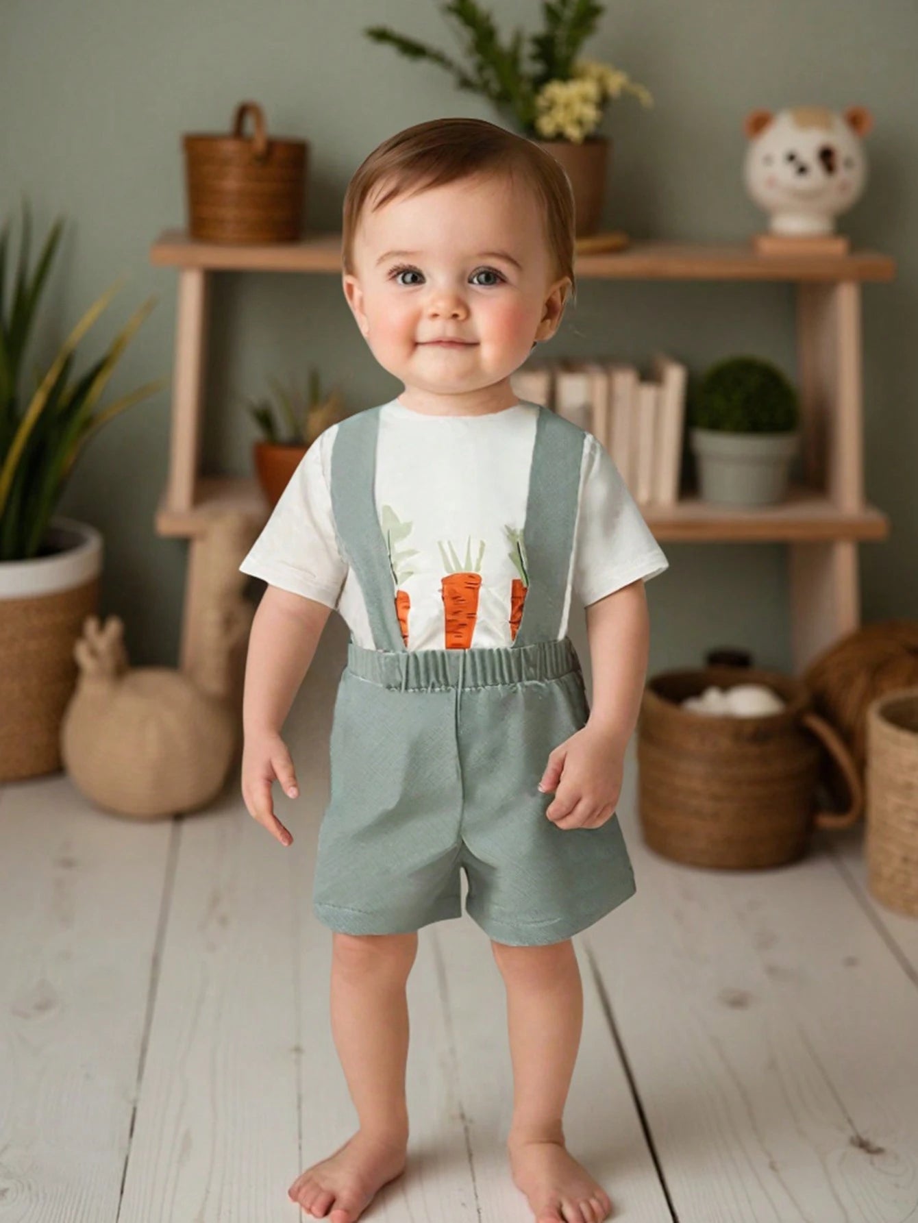 Baby Boy Carrot Print Round Neck Short Sleeve T-Shirt & Solid Color Bib Shorts
