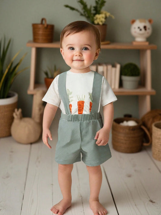 Baby Boy Carrot Print Round Neck Short Sleeve T-Shirt & Solid Color Bib Shorts