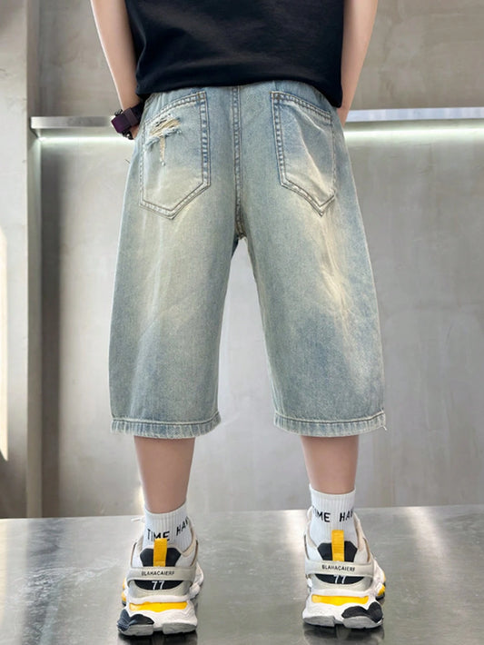 Tween Boys' Letter Print Pocket Ripped Denim Shorts