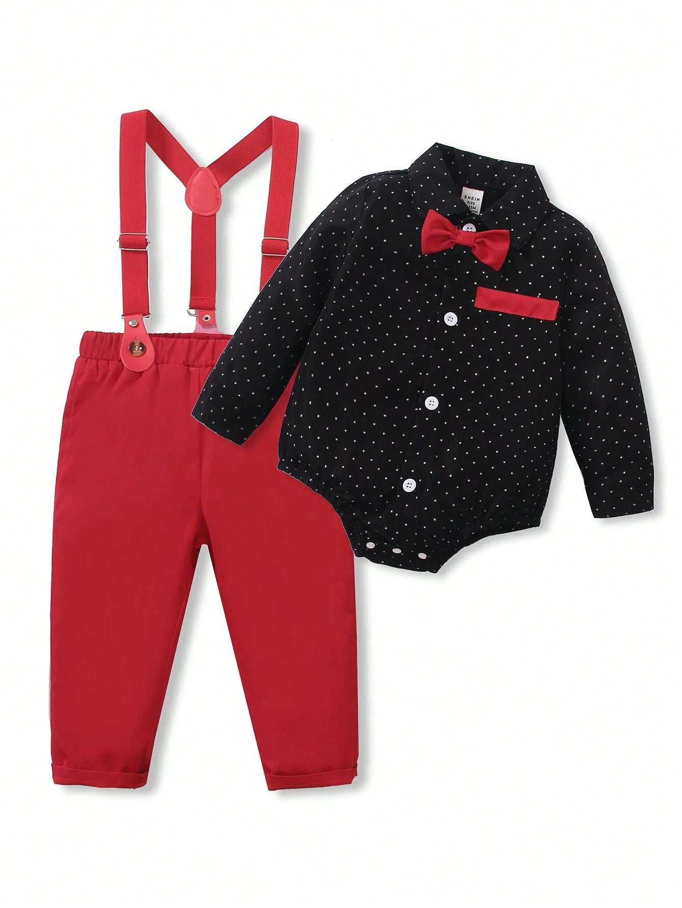 2pcs Baby Boy Gentleman Outfit, Polka Dot Long Sleeve Bowtie Shirt + Comfortable Bib Overalls Pants Multicolor 7