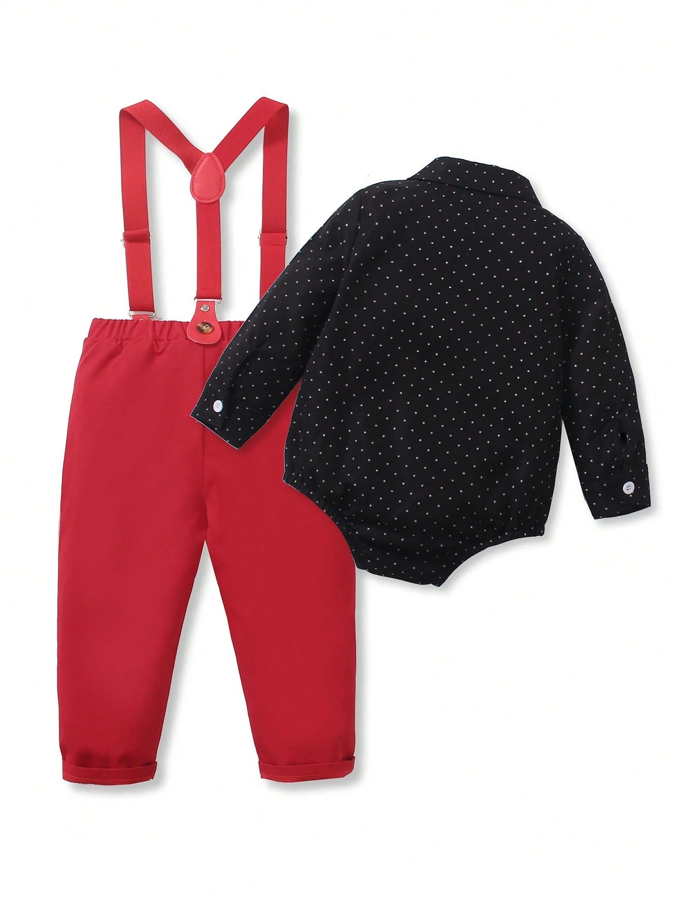 2pcs Baby Boy Gentleman Outfit, Polka Dot Long Sleeve Bowtie Shirt + Comfortable Bib Overalls Pants