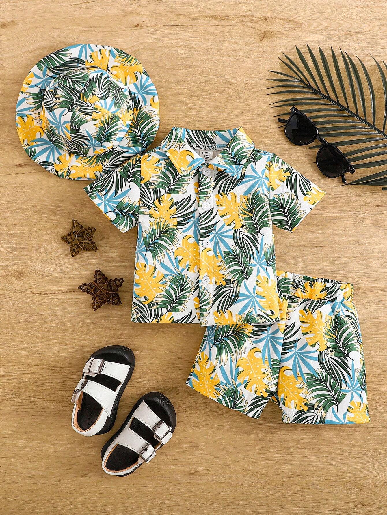 Baby Boys' Fashionable Tropical Plant/Flower Pattern Printed Shirt Collared Top And Shorts With Hat, Yellow