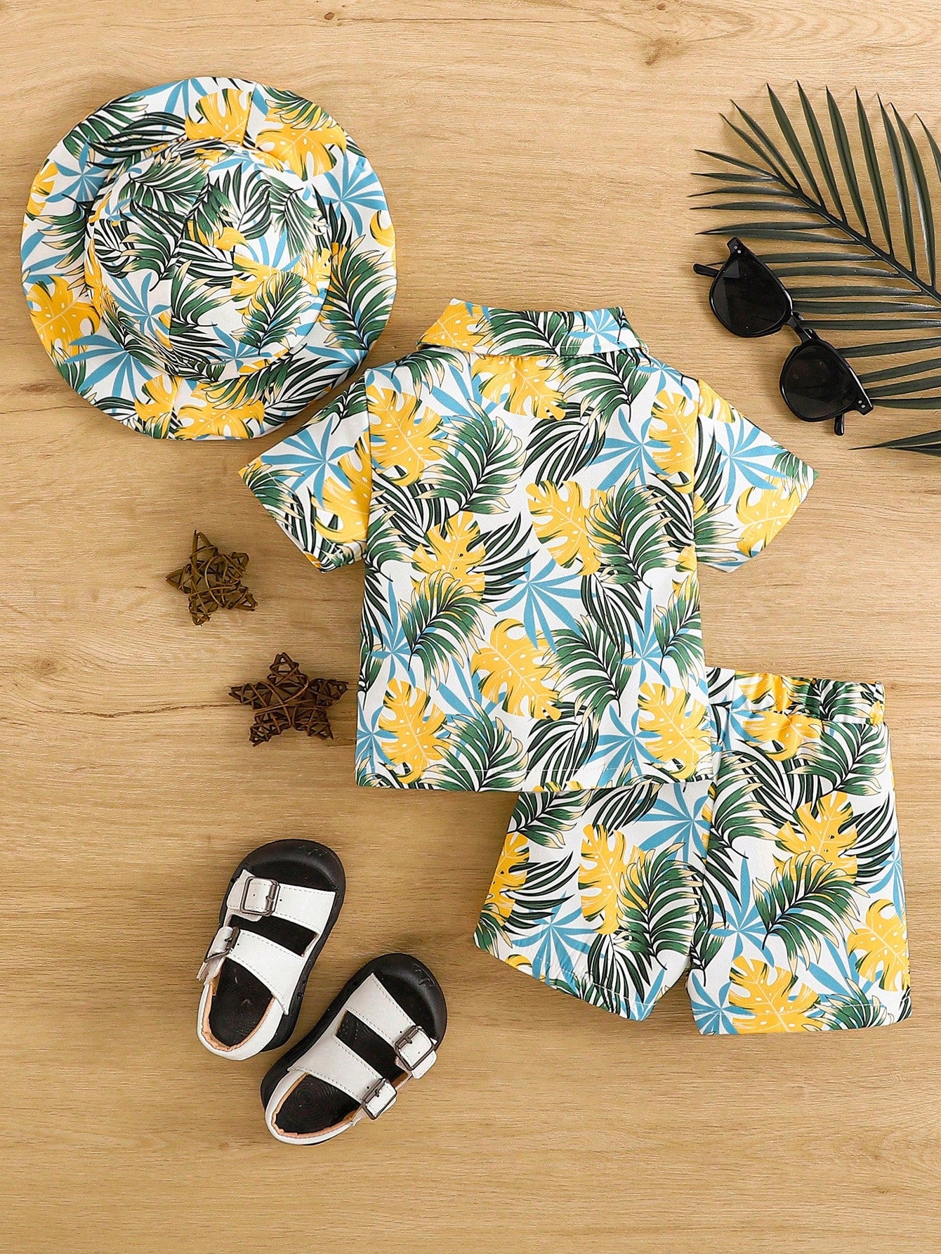 Baby Boys' Fashionable Tropical Plant/Flower Pattern Printed Shirt Collared Top And Shorts With Hat,