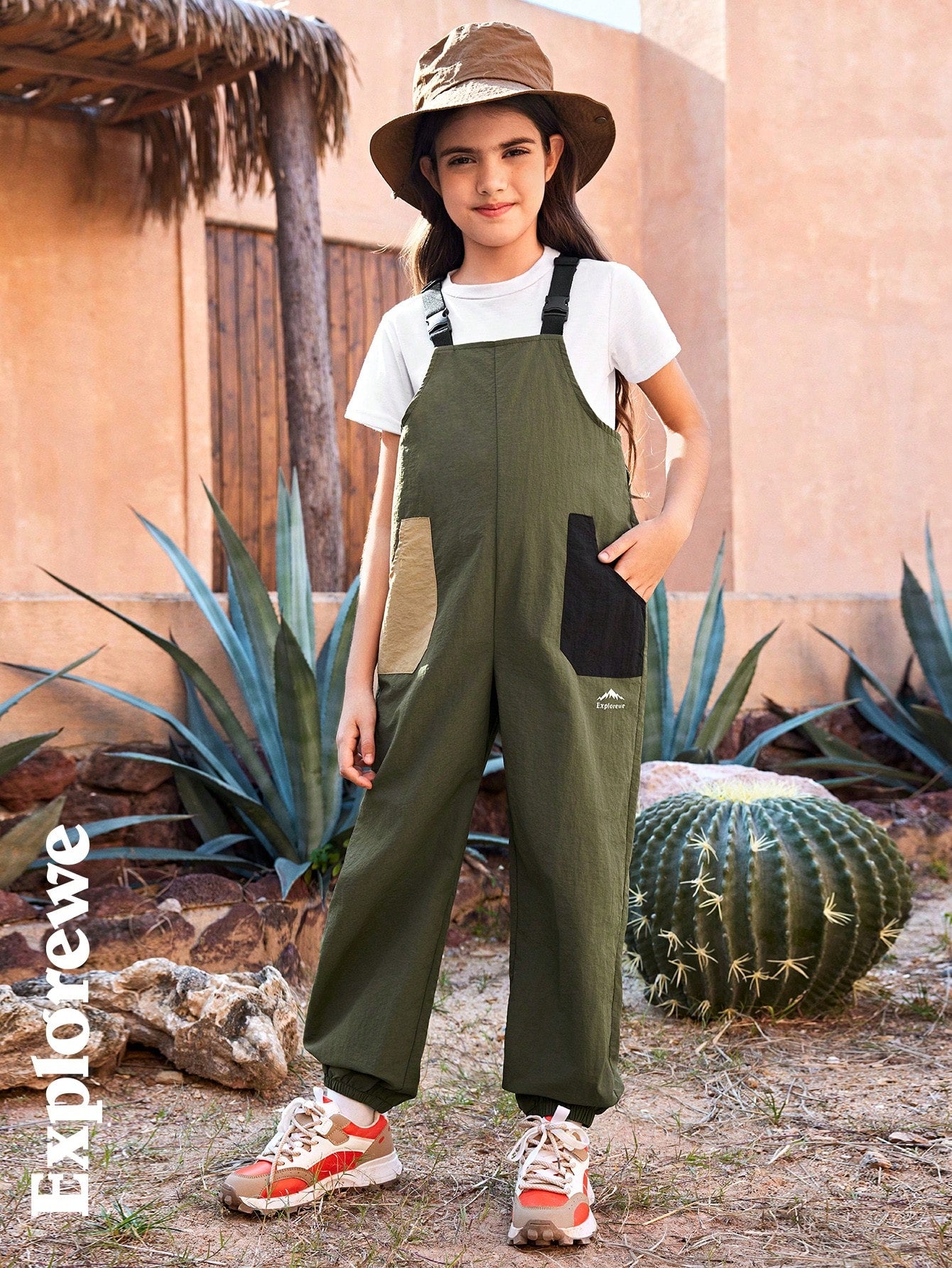 Tween Girls' Solid Color Patchwork Pocket Casual Jumpsuit