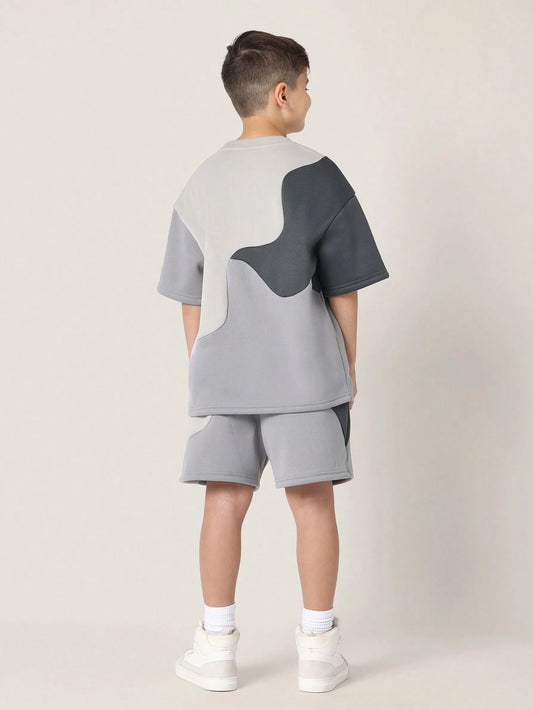 Tween Boys Comfy Regular Fit Colour Block Curve Panelled Tee And Shorts