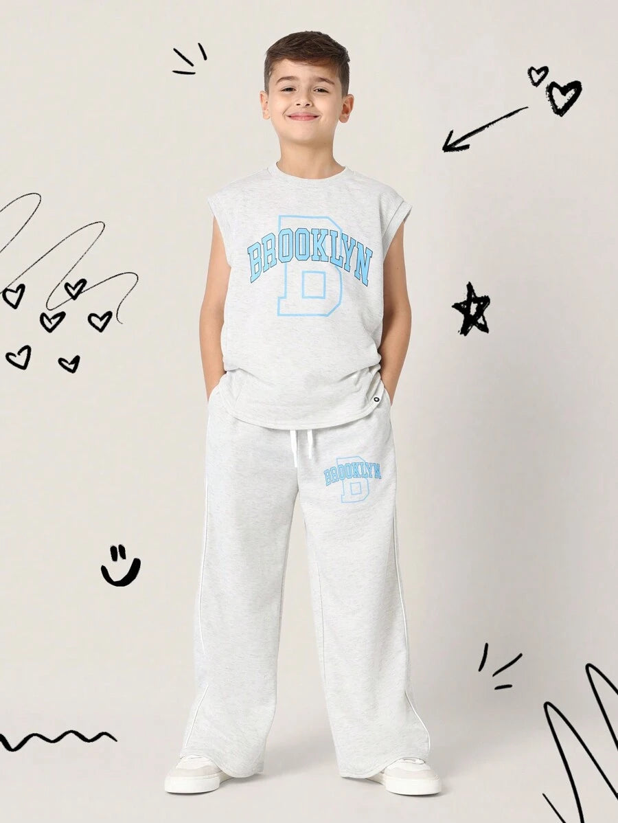 Tween Boys Comfy Regular Fit Tank Top And Loose Fit Sweatpants Grey
