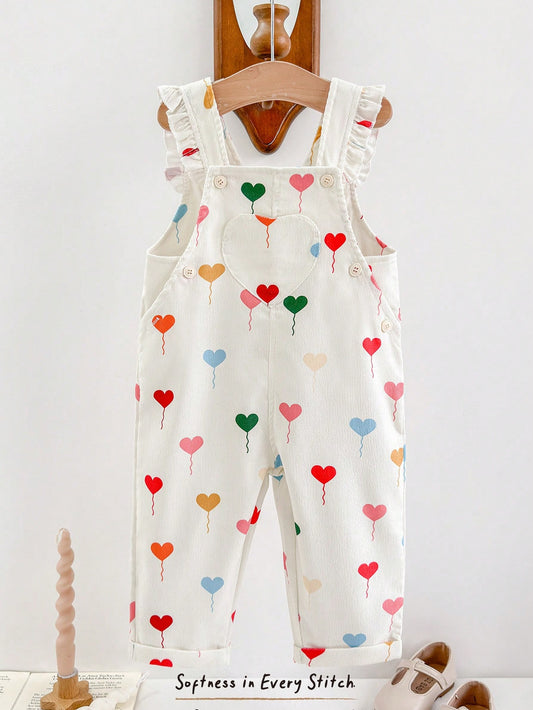 Cozy Pixies Baby Girl Cute Heart Print Ruffled Sleeve Strap Jumpsuit Pink