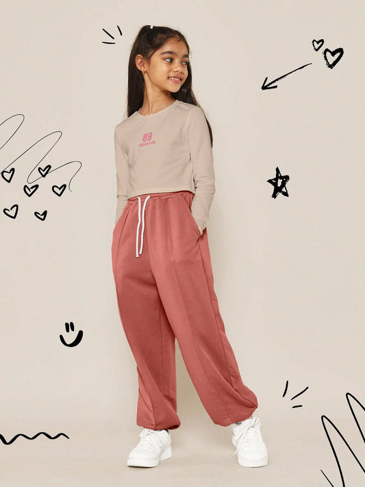 Tween Girls Everyday Play Long Sleeve Baby Tee With Graphic Print And Jogger Pink