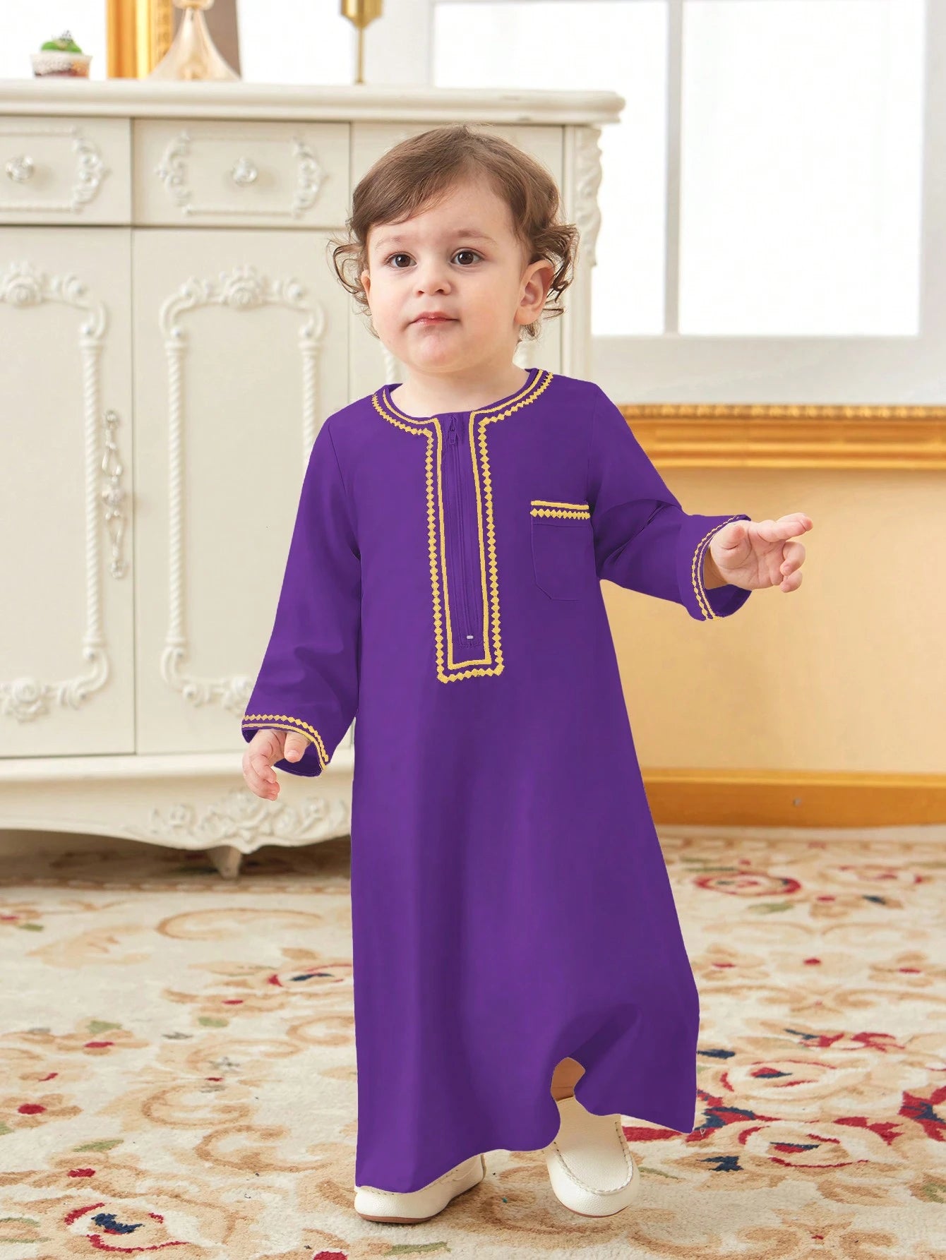 Traditional Embroidered Open Front Long Robe For Baby Boys Purple