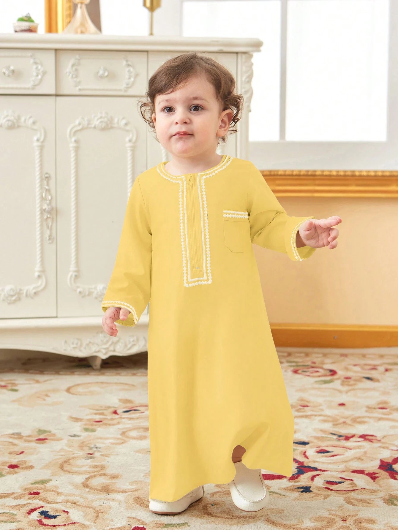 Traditional Embroidered Open Front Long Robe For Baby Boys Yellow