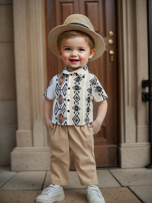 Cute Retro Geometric Pattern Casual Holiday Shirt & Elastic Waist Pants Outfit Multicolor