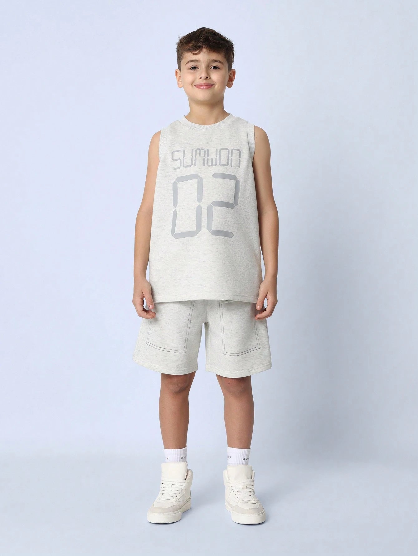 Tween Boys Comfy Regular Fit Tank Top And Short With Graphic Print Light Grey