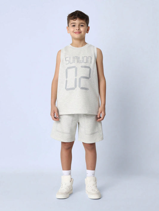 Tween Boys Comfy Regular Fit Tank Top And Short With Graphic Print Light Grey