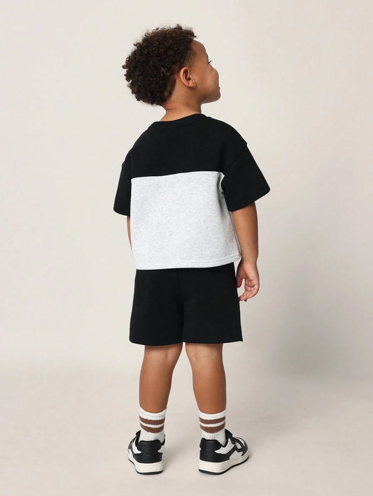 Young Boys Comfy Oversized Fit Colour Block Panel Short Sleeve T-Shirt And Short