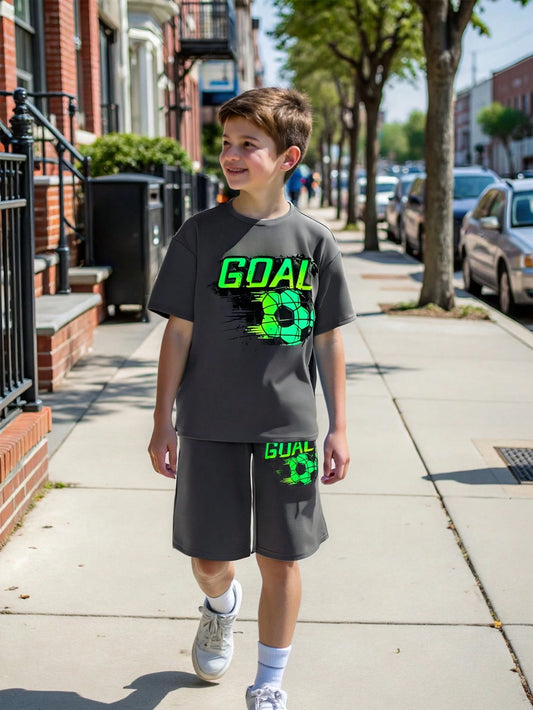 Casual Glow-In-The-Dark Graphic Short Sleeve Crew Neck T-Shirt And Elastic Waist Shorts Grey