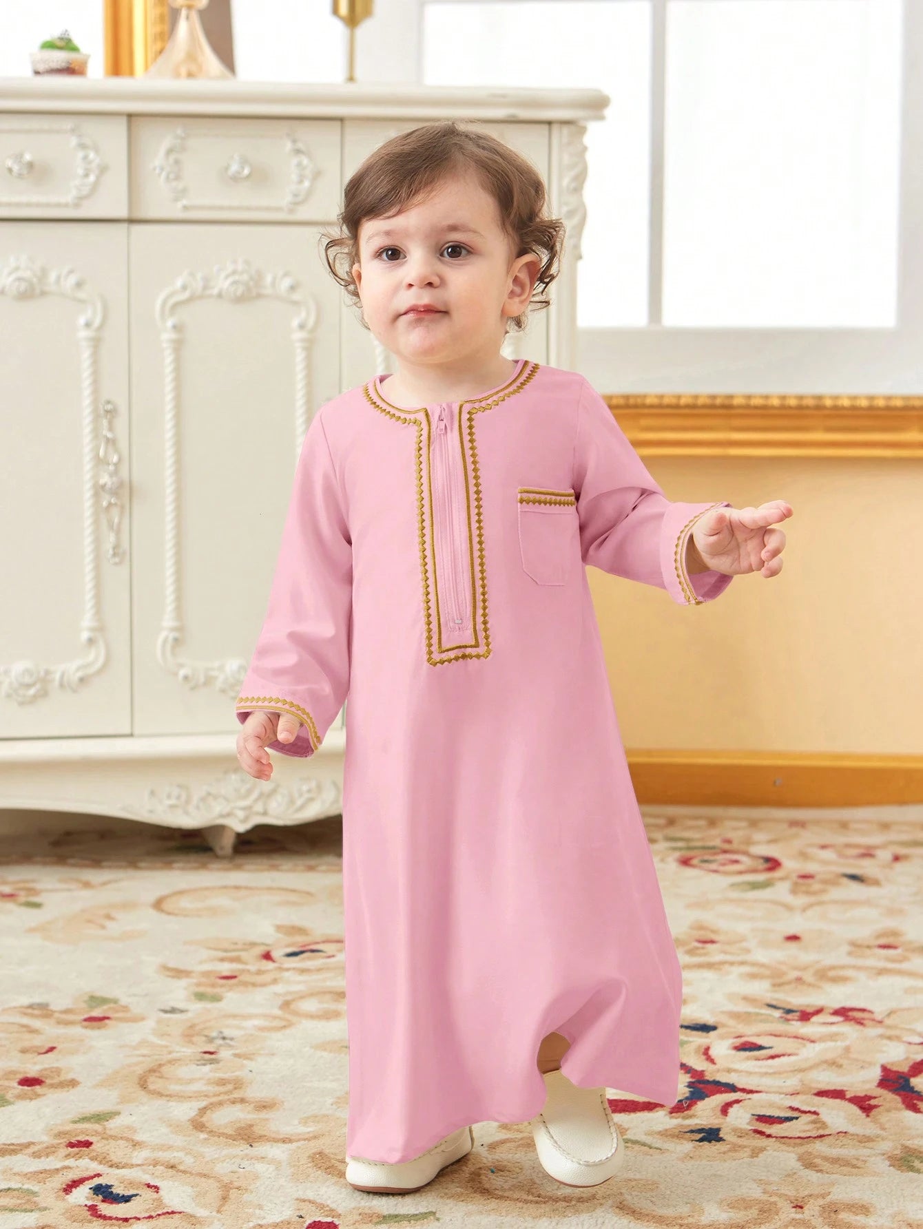Traditional Embroidered Open Front Long Robe For Baby Boys Pink