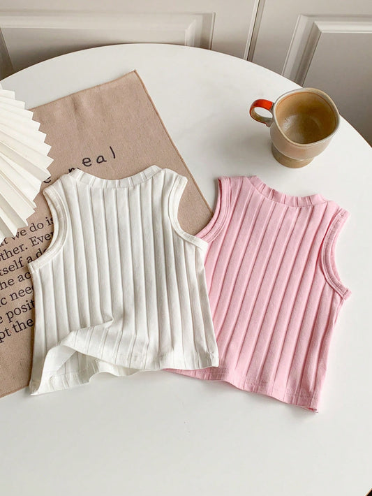 Mummy & Mee, Playful Pals 2pcs/Set Baby Girl 0-3Y Basic Hollow Heart Round Neck Sleeveless Shirt Top