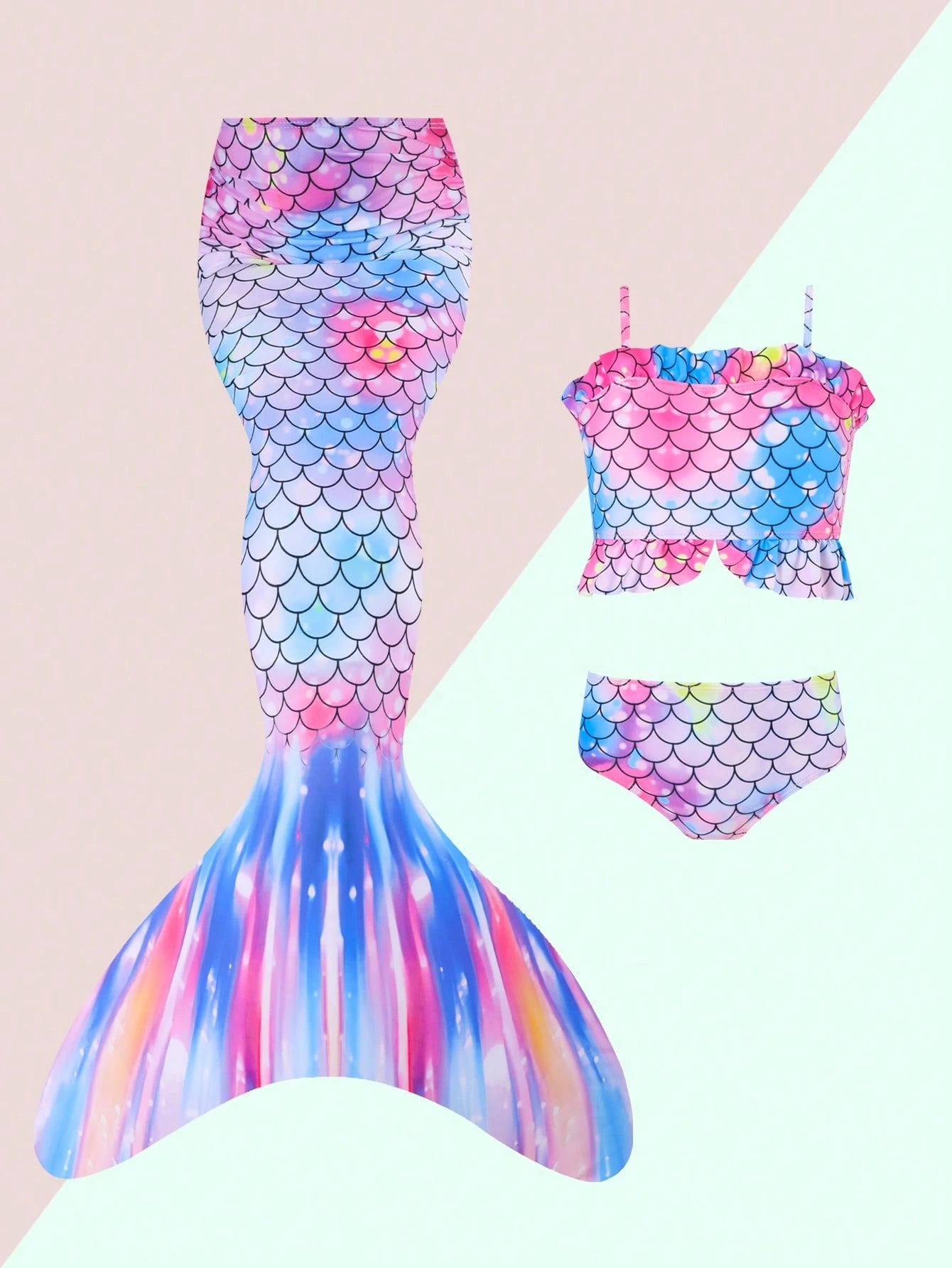 Young Girls' Fish Scale Print Cami Bikini Top And Vest Style Bottom Swimsuit Blue