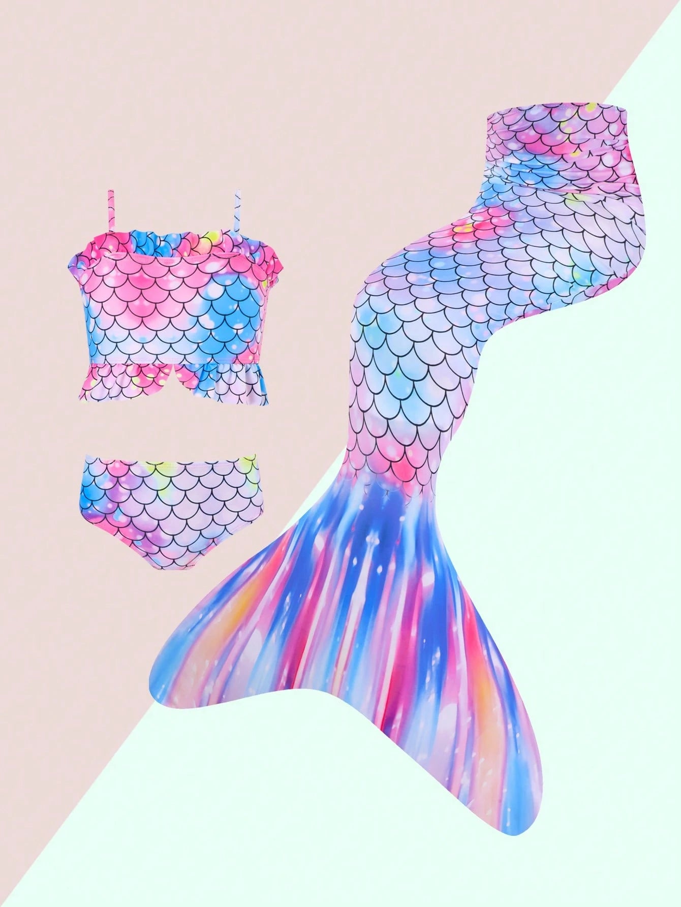 Young Girls' Fish Scale Print Cami Bikini Top And Vest Style Bottom Swimsuit
