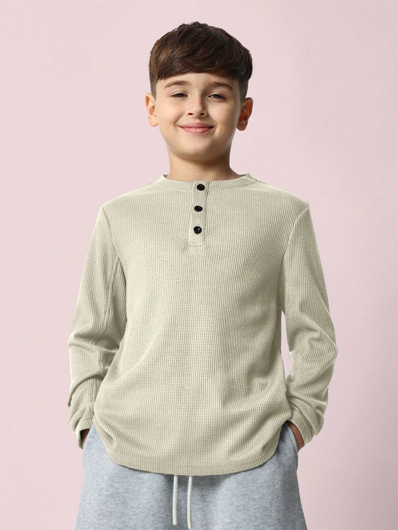 Tween Boys Regular Fit Textured Long Sleeve Henley Tee Apricot
