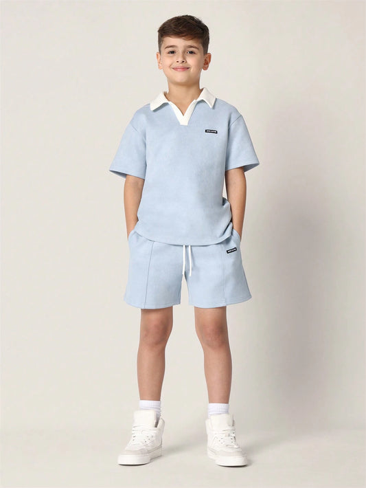 Tween Boys Comfy Regular Fit Suedette Contrast Collar Polo Top And Short Baby Blue