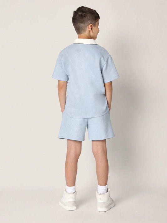 Tween Boys Comfy Regular Fit Suedette Contrast Collar Polo Top And Short