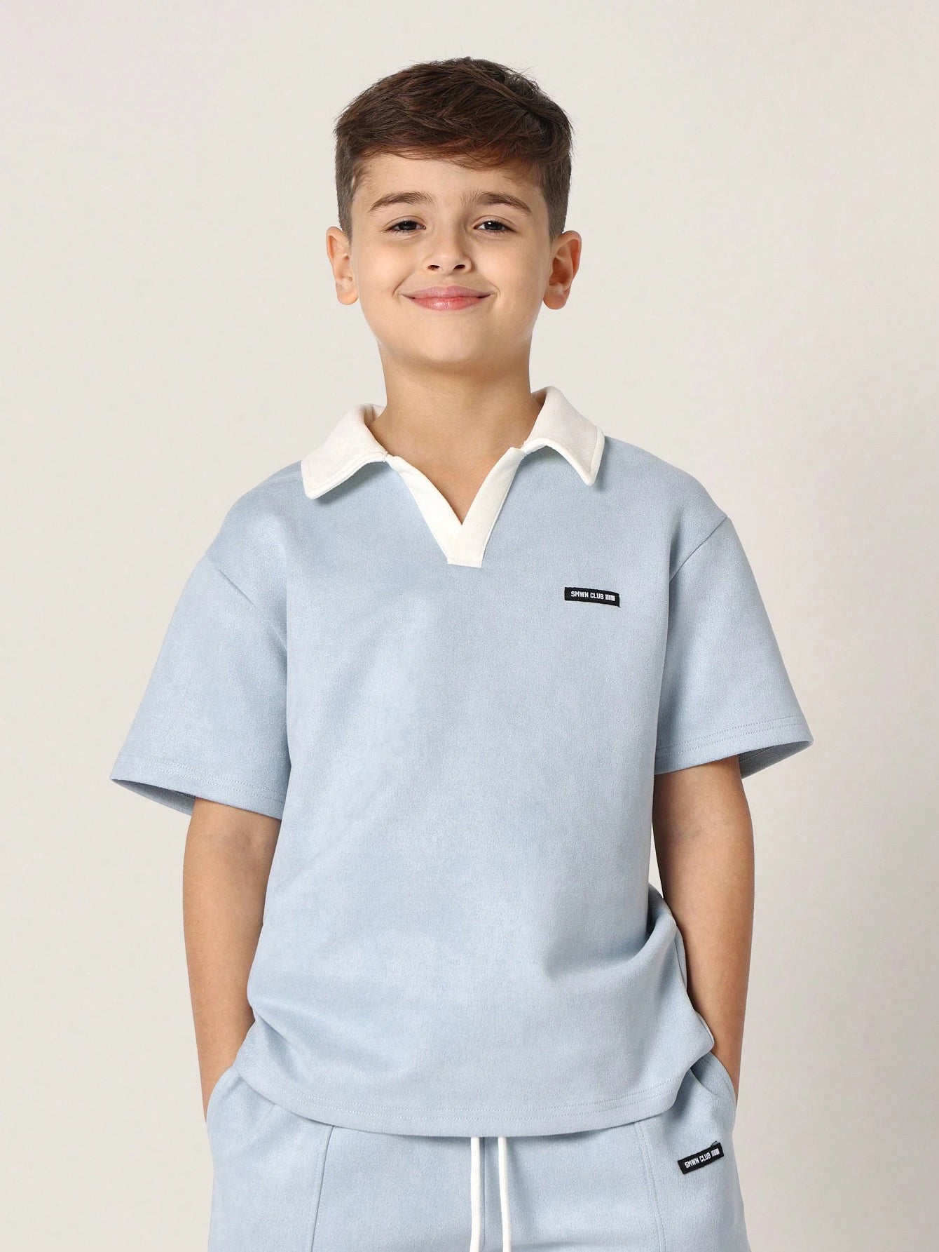 Tween Boys Comfy Regular Fit Suedette Contrast Collar Polo Top And Short