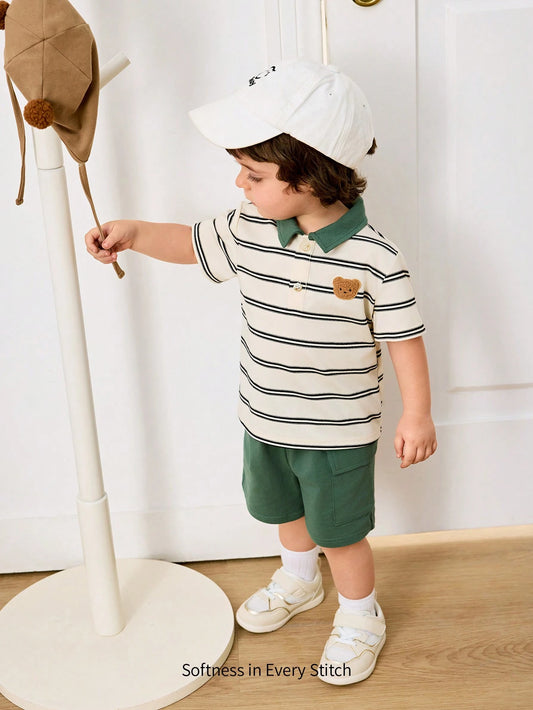 Baby Boy Cute Bear Striped Knit Soft Polo Collar Short Sleeve Top And Elastic Waist Shorts Multicolor 6-9M
