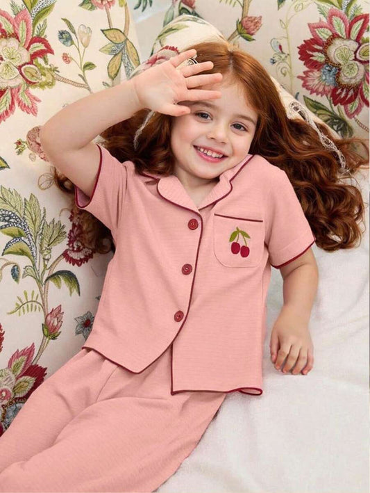 Cherry Embroidery Long Pants And Loose Fit Short Sleeve Home Coral Pink