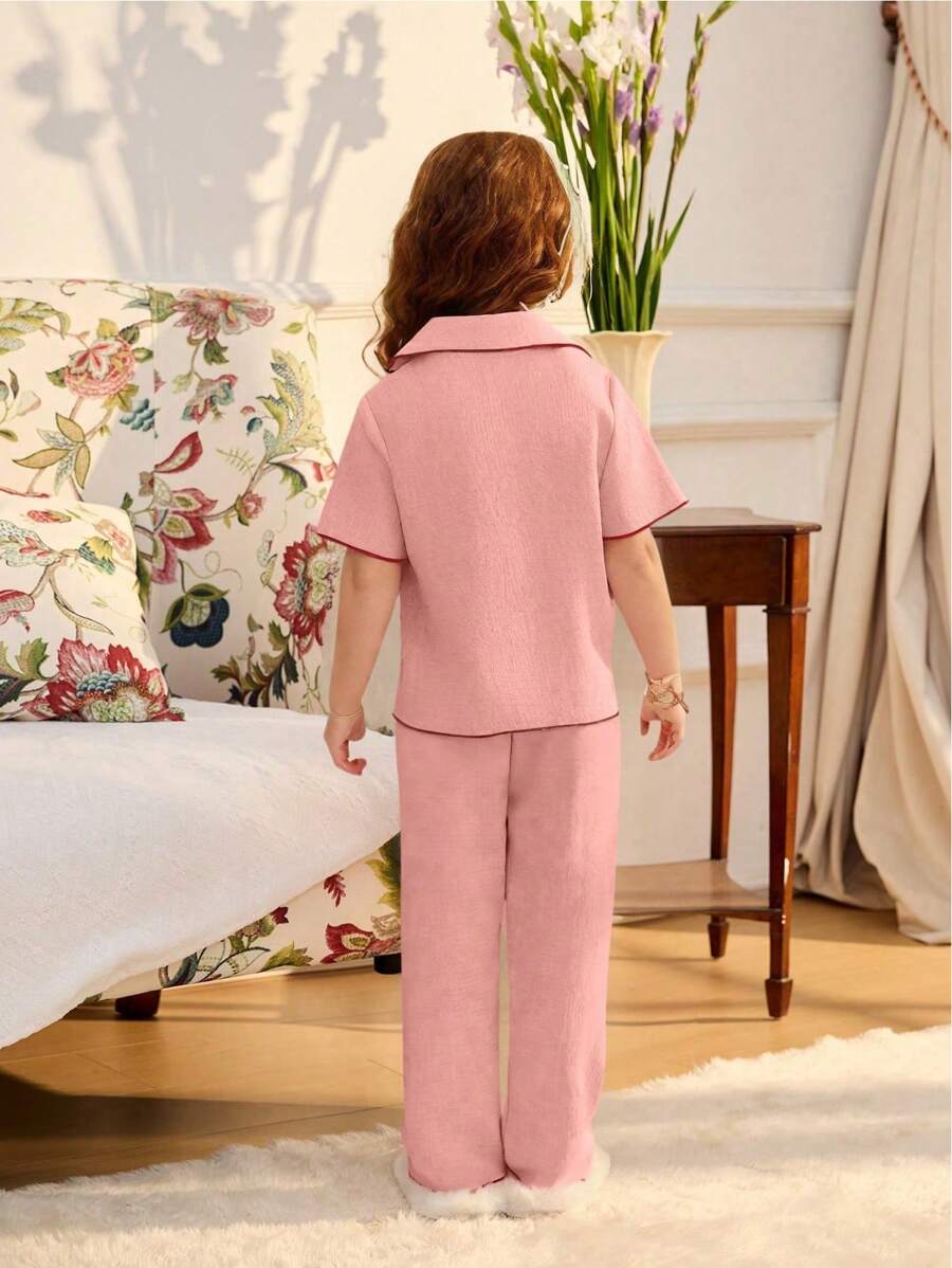 Cherry Embroidery Long Pants And Loose Fit Short Sleeve Home