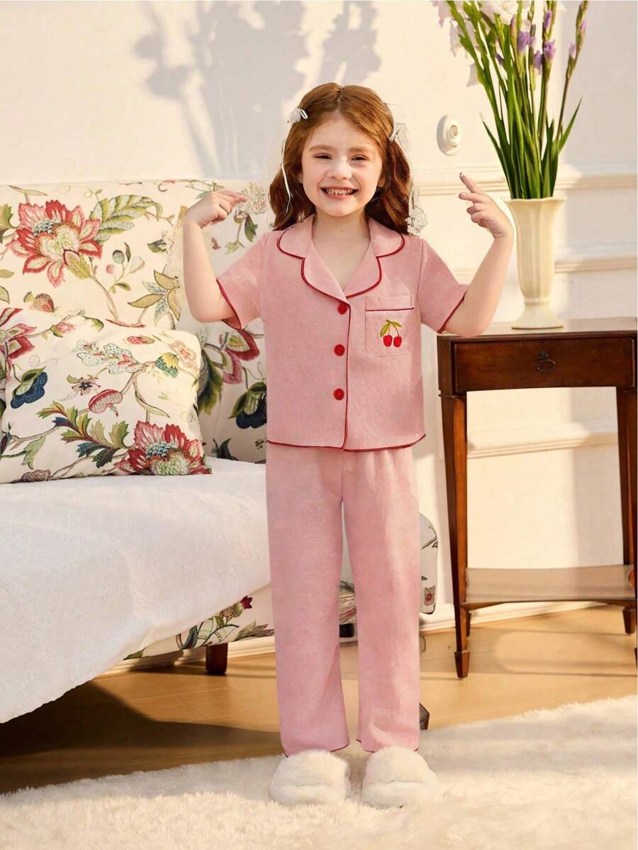 Cherry Embroidery Long Pants And Loose Fit Short Sleeve Home